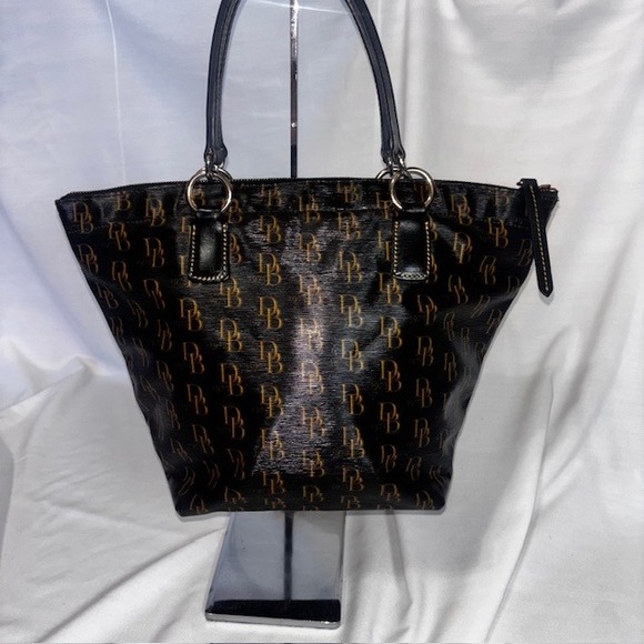 Dooney & Bourke Handbags - Dooney & Bourke Black Patent Leather DB Monogram Tote Bag